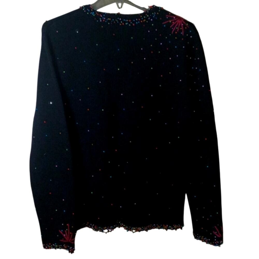 Vintage Ann Trinity Black Knit Cardigan Multicolored Beaded "Firework" Sweater - Picture 2 of 8